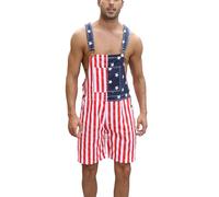 Fiksmigo Mens American Flag Overalls Denim Bib Shorts Romper Adjustable Strap with Pockets
