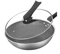 fikujap Stainless steel wok, a non-stick pan with glass lid and scalding-inhibiting silicone handle