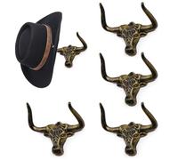 Filano Cowboy Hat Rack for Wall 4 Pack Modern Metal Cowboy Hat Holder Cast Iron Hat Hanger Western Longhorn Hooks Storage and Display at Closet Bedroom Living Room Antique Gold Men's Gift