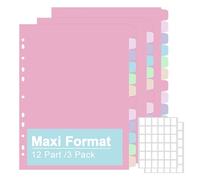 File Dividers Maxi Format, 3 Pack 12 Part Folder Dividers 24.5 x 30.5 cm Rainbow Plastic Dividers for A4 Maxi Format or Lever Arch Files Ring Binders