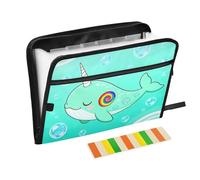 File Folder Expanding 13 Pockets A4 Letter Size File Pocket Folders with Zipper Closure for Office Workers Documents Papers Organizer Cute Mint Green Narwhal