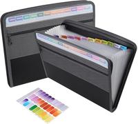 File Folder Organiser 13 Pockets, A4 Letter Size Accordion File Folder Document Organiser Expanding File Folders with Zipper Closure, Expandable - Black