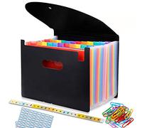 File Organiser, A4 Document Organiser 24 Pockets, Twill Expanding Accordion Filing Folders, File Storage Box with Lid, Labels and Clips (Black-C)