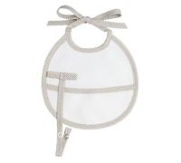 FILET - Small Round Bib in Soft Losenge Fabric with Aida Pocket to Embroider, Pacifier Holder with Press Button, Taupe Striped Printed Cotton Profile, Made in Italy