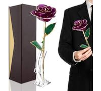FILFEEL 24K Gold Rose, Dipped Flower Gift for Her Made of Fresh Rose, Last Forever Mother's/Thanksgiving/Christmas/Valentine's/Birthdays Party/Graduations/Weddings (Purple with Stand)