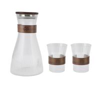 FILFEEL Borosilicate Glass Bedside with Lid and 2 Tall Striped Cups - 1600ml Heatproof & Coldproof Pitcher for Coffee, Tea, - Electric Ceramic Stove Compatible - Walnut Wood Accent Band