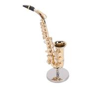 FILFEEL Miniature Saxophone Model 14cm Gold Plated Brass Ornament with Display Stand and Protective Storage Box for Music Lovers Collectors and Jazz Enthusiasts