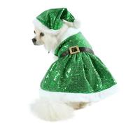 Filhome Dog Cat Christmas Costume Christmas Outfits Princess Dress Pet Clothes, Green Sequin Girl Dog Holiday Dress with Santa Hat, Funny Puppy Dress Outfits Warm Animal Apparel Clothes (M)