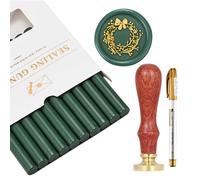 Filhome Wax Seal Kit, Christmas Wax Seal Set, 10pcs Green Sealing Wax Sticks with Christmas Wreath Stamp and Pen, Good for Christmas Cards, Invitations and Gift Wrap, Wine Packages
