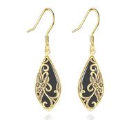 Filigree Earrings Women Gold Plated Sterling Silver Teardrop Dangle Earrings Black Onyx Bohemia Jewelry Gift for Women