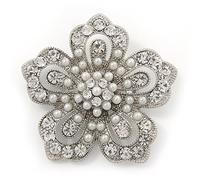 Filigree Pear/Diamante 'Flower' Brooch In Silver Plating - 5cm Diameter