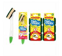 Fillable Washing Up Brush Bundle with a Bonus Refill along with additional 6 Green Refill Sponges - Sponge on a Stick, Dish Scrubber, Scourer & Kitchen Cleaning Sponge Set
