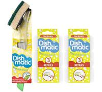 Fillable Washing up Brush [ Easy Grip Dish Cleaner] - with 6X Non Scratch Sponge Refills -Ideal for Glassware and Delicate Surfaces