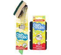 Fillable Washing up Brush Handle | Plus 4X Extra Heavy Duty Sponge Refills Bundle | Easy Grip Dispensing Handle | Super Scrubber Scourer Cleaner for Kitchen Bathroom Etc.