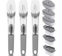 Fillable Washing Up Brush, Pack of 3 Washing Up Brush with Detergent Dispenser, Kitchen Brush for Pot, Pan, Sink Cleaning, Multifunctional Dish Brush with 6 Replacement Heads
