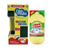 Fillable Washing up Brush with Sponge Bundle [Value Pack Kit]- Easy Grip Dish Cleaner and 6X Replaceable Sponge Heads- with Scrubbing Pad