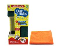 Fillable Washing Up Brush with Sponge [Value Pack Kit] - Easy Grip Dish Cleaner and 6X Replaceable Sponge Heads- with Ultra Absorbent Microfibre Cleaning Cloth