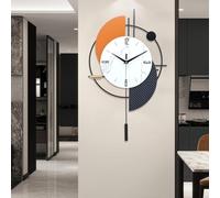 FILLOVE Large Decorative Wall Clock with Pendulum for Living Room, Metal Hands, Orange Accent White Dial, Silent Metal Wall Clock for Living Room, Bedroom, Study, Office (Black 15.7 * 13.3in)