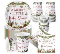 FillTouch 100pcs A Merry Little Baby Shower Party Decorations | Christmas Paper Plate Napkin and Cup, a Merry Little Baby Shower Tableware, Xmas Red White Welcome Party Supplies