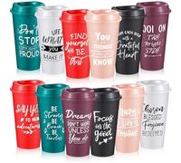 FillTouch 12 Pcs Inspirational Gifts for Employee Coworkers Staff Teammate, 16oz Reusable Plastic Coffee Cups with Positive Sayings, Bundle Gifts for Woman Man Coworker (Fresh Color,Inspirational)