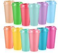 FillTouch 12 Pcs Reusable Coffee Cups with Lids 16 oz Travel Hot Cups Microwavable Plastic Tumblers Coffee Mugs Christmas Party Gifts Adult for Hot and Cold Drinks Favors (Soft Tones)