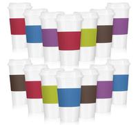 FillTouch 15 Pieces Reusable Coffee Cups with Lids and Non Slip Sleeves, 16 oz Insulated Reusable Hot Cups Bulk Travel Coffee Mugs Plastic Tumblers Cup with Lids for Hot Cold Drinks(Bright Color)