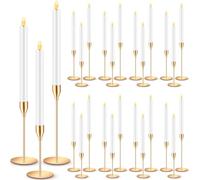 FillTouch 30 Pcs Gold Candlestick Holders with Flameless Taper Candles Bulk | 15 Gold Metal Candle Holders 15 White LED Candles, Battery Operated for Wedding Centerpieces, Dining, Events and Home Decor