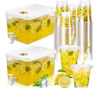 FillTouch 302 Pcs Lemonade Stand Supplies Kits Include 2 Pcs Clear Plastic Drink Dispenser with Spigot 100 Set Lemonade Cups with Lids Paper Straws for Summer Birthday Party (Square Style,1.3 Gallon)