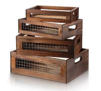FillTouch 4 Pcs Wooden Nesting Countertop Baskets 4 Size Wooden Storage Box with Handle and Metal Wire Multipurpose Wood Organizer Crate for Fruit Vegetable Kitchen Cabinet Bathroom(Walnut,Small)