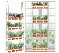 FillTouch 4 Tiered Window Plant Shelves Hanging Herb Planter Indoor Display with 16 Pcs Flower Pots Wood Window Plant Hanger for Grow Herbs Succulents Microgreens Seedling Organization