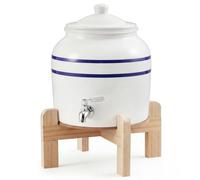 FillTouch Ceramic Water Dispenser Crock Water Dispenser with Wood Stand 304 Stainless Steel Faucet, Valve and Lid for 3 to 5 Gallon Jugs Porcelain Cooler Home Office Indoor Outdoor(Blue Stripes)