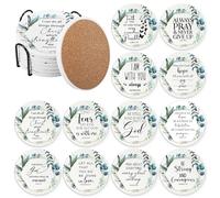 FillTouch Set of 12 Christian Bible Verse Coasters Grandparents Day Bulk Gift Religious Ceramic Cork Backing Absorbent Coaster with Holder for Women Men Church Kitchen Supplies (Leaf Style)