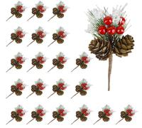 Filltown 20PCS Artificial Pine Picks, Christmas Red Berries Stems with Pine Cones Christmas Decorations, Fake Holly Sprigs for Xams Table Decoration, DIY Wreath Garland Gift Wrapping