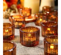 Filltown Amber Tea Light Candle Holders Set of 12, 5cm x 3.5cm Glass Tealight Holders for Table Centerpiece, Mini Vintage Striped Candle Holders for Weddings, Birthday Parties, Home Decor, Table Decor
