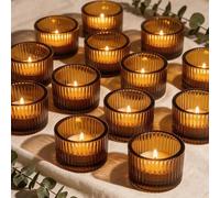 Filltown Amber Tealight Candle Holders Set of 12, Glass Votive Tea Light Holders, Mini Vintage Striped Candles & Holders for Wedding Christmas Home Birthday Party Decor