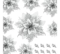 Filltown Christmas Silver Glitter Poinsettia,16pcs Xmas Silver Flowers with Clips, Glitter Artificial Poinsettia Flowers Xmas Tree Decorations for Wedding Christmas Wreath Home Party Decor
