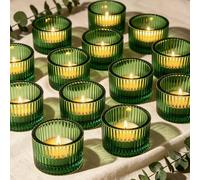 Filltown Green Tealight Candle Holders Set of 12, Glass Votive Tea Light Holders, Mini Vintage Striped Candles & Holders for Wedding Christmas Home Birthday Party Decor