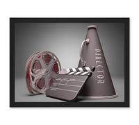 Film Director Equipment Clapperboard Reel Megaphone A4 Artwork Framed Wall Art Print Artery8 Black One Size