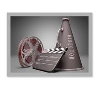 Film Director Equipment Clapperboard Reel Megaphone A4 Artwork Framed Wall Art Print Artery8 Light Grey One Size