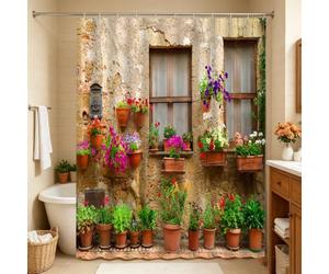 FILMILIL Farm Style Shower Curtain Garden Potted Italian Green Plants Vintage Windows 3D Printing Mediterranean Greece Scene Bathroom Decoration Polyester Fabric with Hooks (90 X 70 Inch)