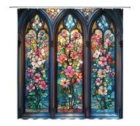 FILMILIL Stained Glass Shower Curtain Abstract Arched Window Antique Fantasy Boho Plant Floral Elegant Ornate Symmetric Vintage Artistic Bathroom Curtain Set Polyester Fabric Hooks 70 X 70 Inch