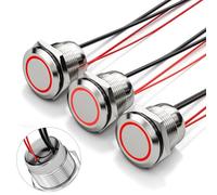 FILN 3Pcs 19MM Momentary LED Push Button Switch, IP67 Waterproof 12V 20A DC with Pre-Wired Leads for Motorcycle Horn, Engine Start (Red LED, 1NO 1NC, 304 Stainless Steel)