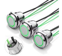 FILN 3Pcs 19MM Momentary LED Push Button Switch, IP67 Waterproof 12V 20A DC with Pre-Wired Leads for Motorcycle Horn, Engine Start (Green LED, 1NO 1NC, 304 Stainless Steel)
