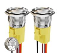 FILN 5 Amp 22mm 0.66'' 2Pcs Latching Push Button Switch 12V DC On Off Stainless Steel with White LED with Wire Socket Plug Self-Locking Push Button(White/Stainless Steel Latching)