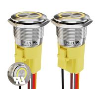 FILN 5 Amp 22mm 0.66'' 2Pcs Latching Push Button Switch 12V DC On Off Stainless Steel with Yellow LED with Wire Socket Plug Self-Locking Push Button(Yellow/Stainless Steel Latching)