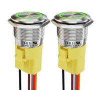 FILN 5 Amp 22mm 0.66'' 2Pcs Monentary Push Button Switch 12V DC On Off Stainless Steel with Green LED with Wire Socket Plug Self-Resetting Push Button(Green/Stainless Steel Monentary)