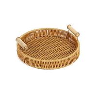 FILOEEX Round Rattan Woven Serving Tray,Round Serving Tray with Handles,Large Home Decor Organizer Tray for Coffee,Drink,Breakfast,Tea,Candle (Nature-22cm)