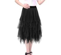 FILOEEX Women's Tulle Skirt,Elastic High Waist Layered Tutu Skirt,A-line Midi Tulle Skirt,Ladies Irregular Layered Tiered Mesh Ballet Prom (UK, Alpha, M, XL, Regular, Regular, Black-M)