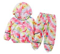 FILOWA Baby Girls Waterproof Suit Kids Hooded Raincoat Lightweight Waterproof Jacket and Trouser Set Pink Dinosaue Print Breathable Rain Coat & Pants with Zip Rainwear Rain Suit for Toddler 1-2 Years