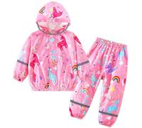 FILOWA Baby Girls Waterproof Suit Kids Hooded Raincoat Portable Lightweight Jacket and Trouser Set Pink Rain Suit Breathable Rain Coat & Pants with Zip Rainwear Puddle Suit for Toddler 1-2 Years